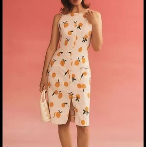 Anthropologie Cream Midi Dress with Orange Fruit Print and Green Leaves